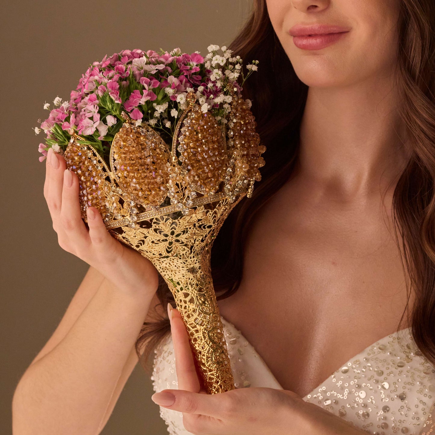 Gold Quinceañera & Wedding Bouquet Holder – Handcrafted with Gold Carved Flowers & Crystal Stones