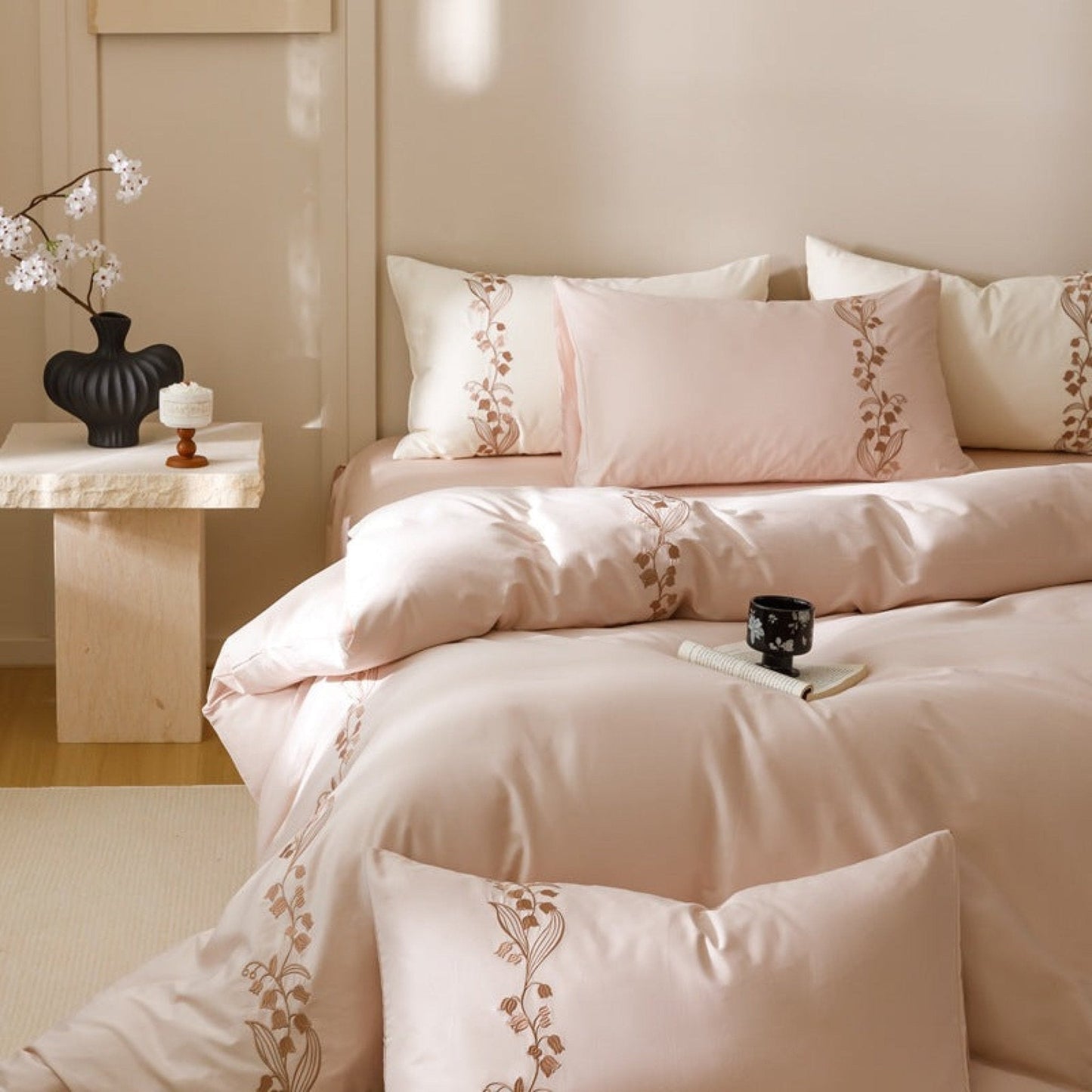Lily of the Valley Embroidered Silky Bedding Set / Cream