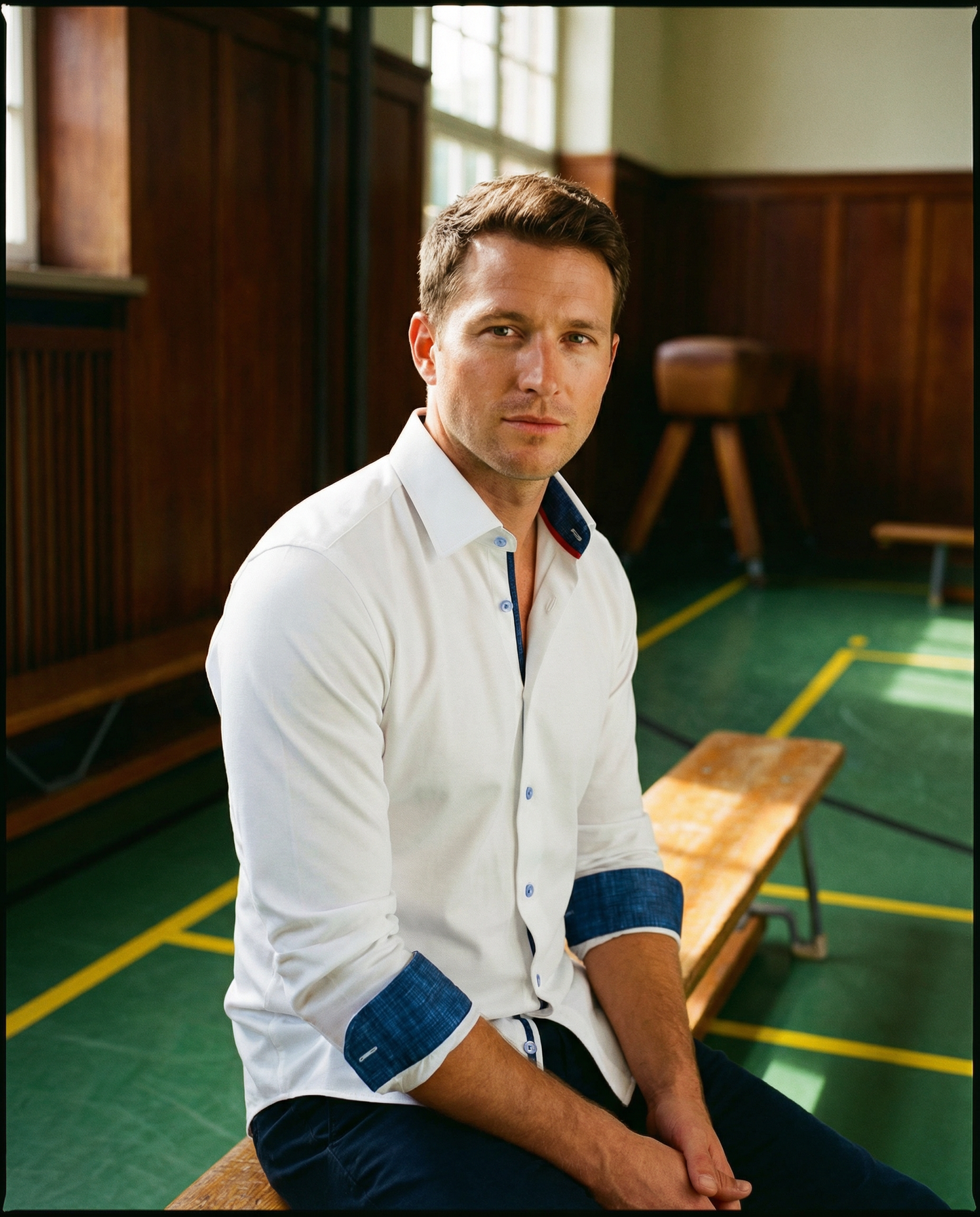 Ron// Cotton Knit-Stretch Button-Up Shirt With Contrast Details // White // Tailored Fit (Fitted)