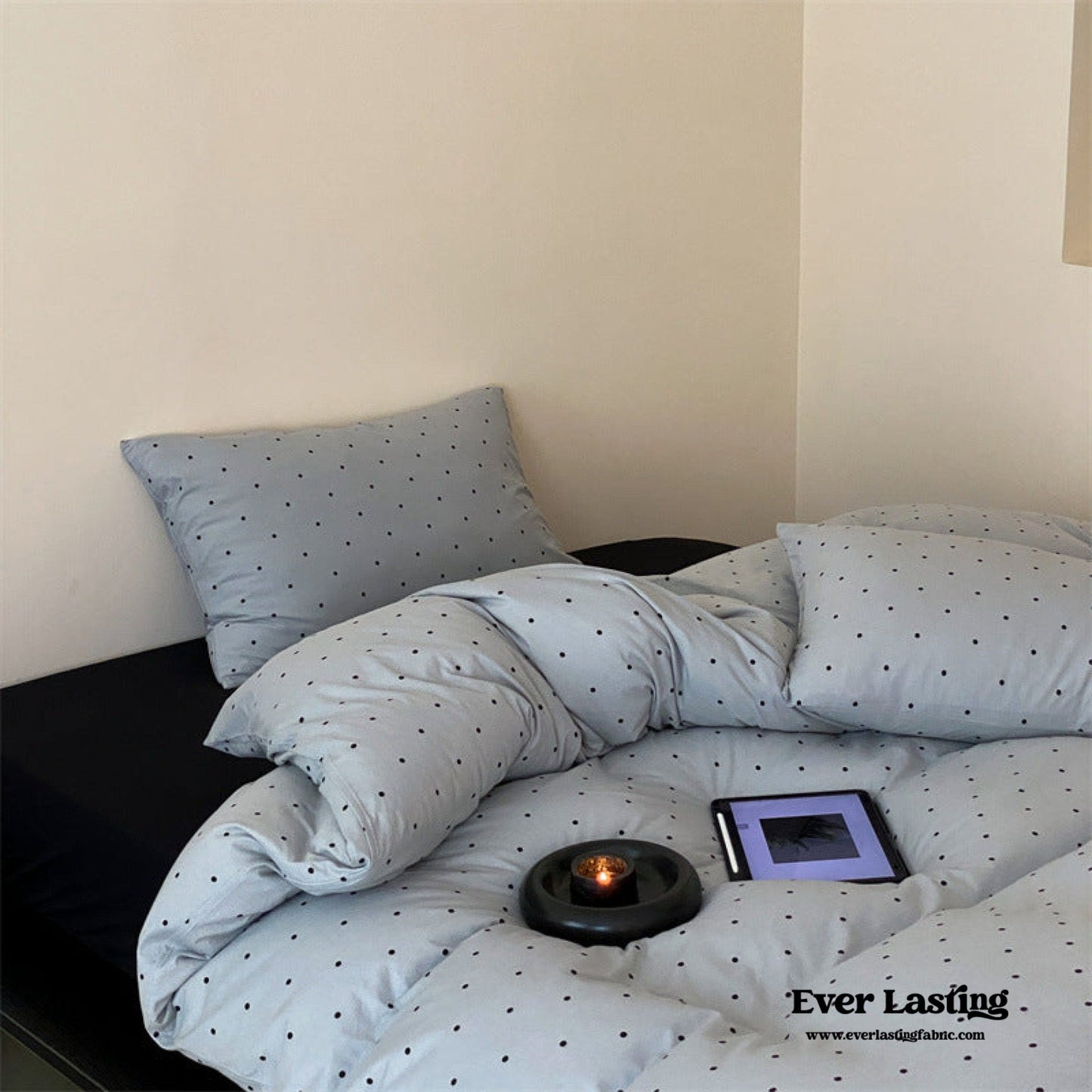 Mini Polka Dot Jersey Knit Bedding Set / Blue + Black