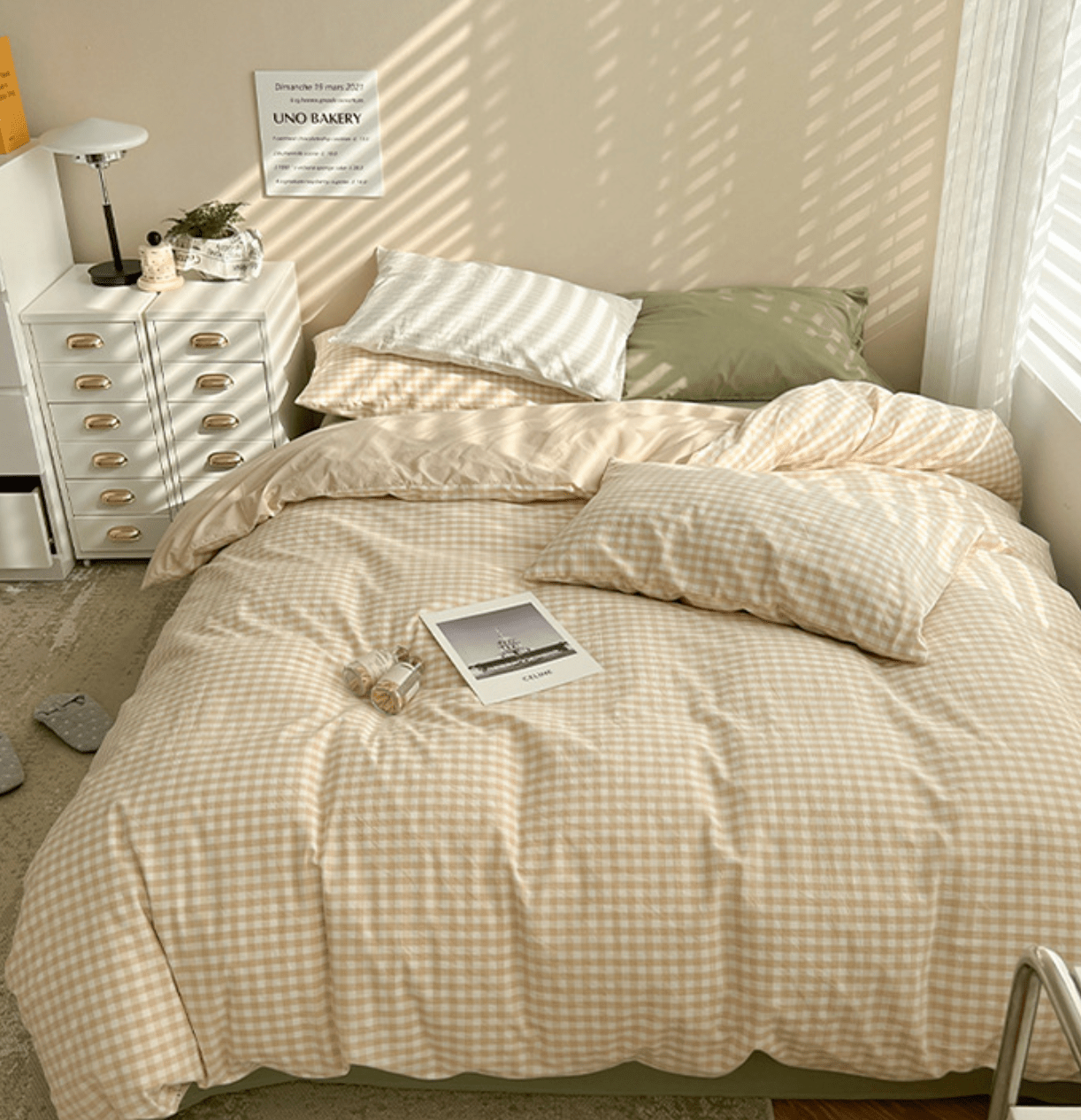 Mixed Gingham Bedding Set / Pink + Yellow