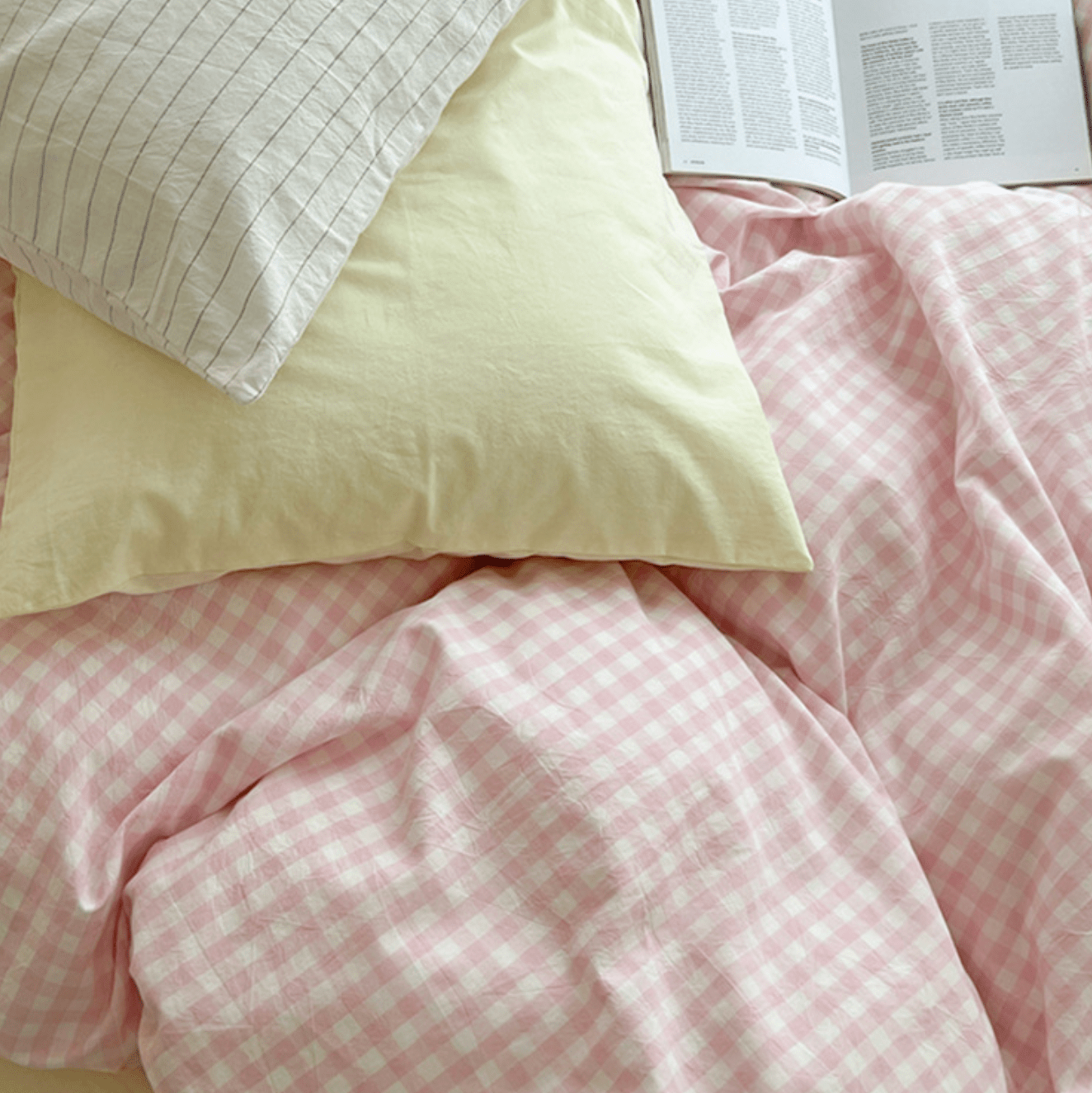 Mixed Gingham Bedding Set / Pink + Yellow