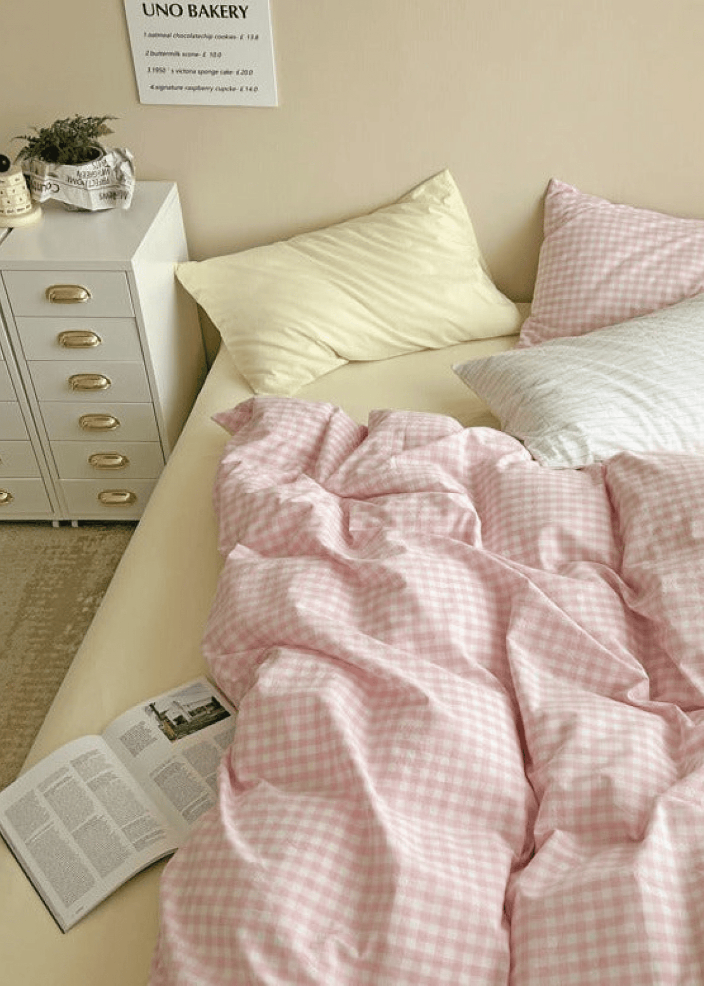 Mixed Gingham Bedding Set / Pink + Yellow