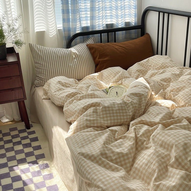Mixed Gingham Striped Bedding Set / Blue Yellow