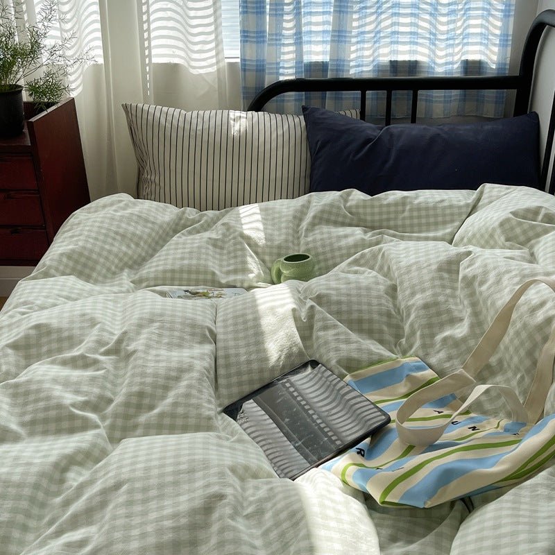 Mixed Gingham Striped Bedding Set / Mint Green