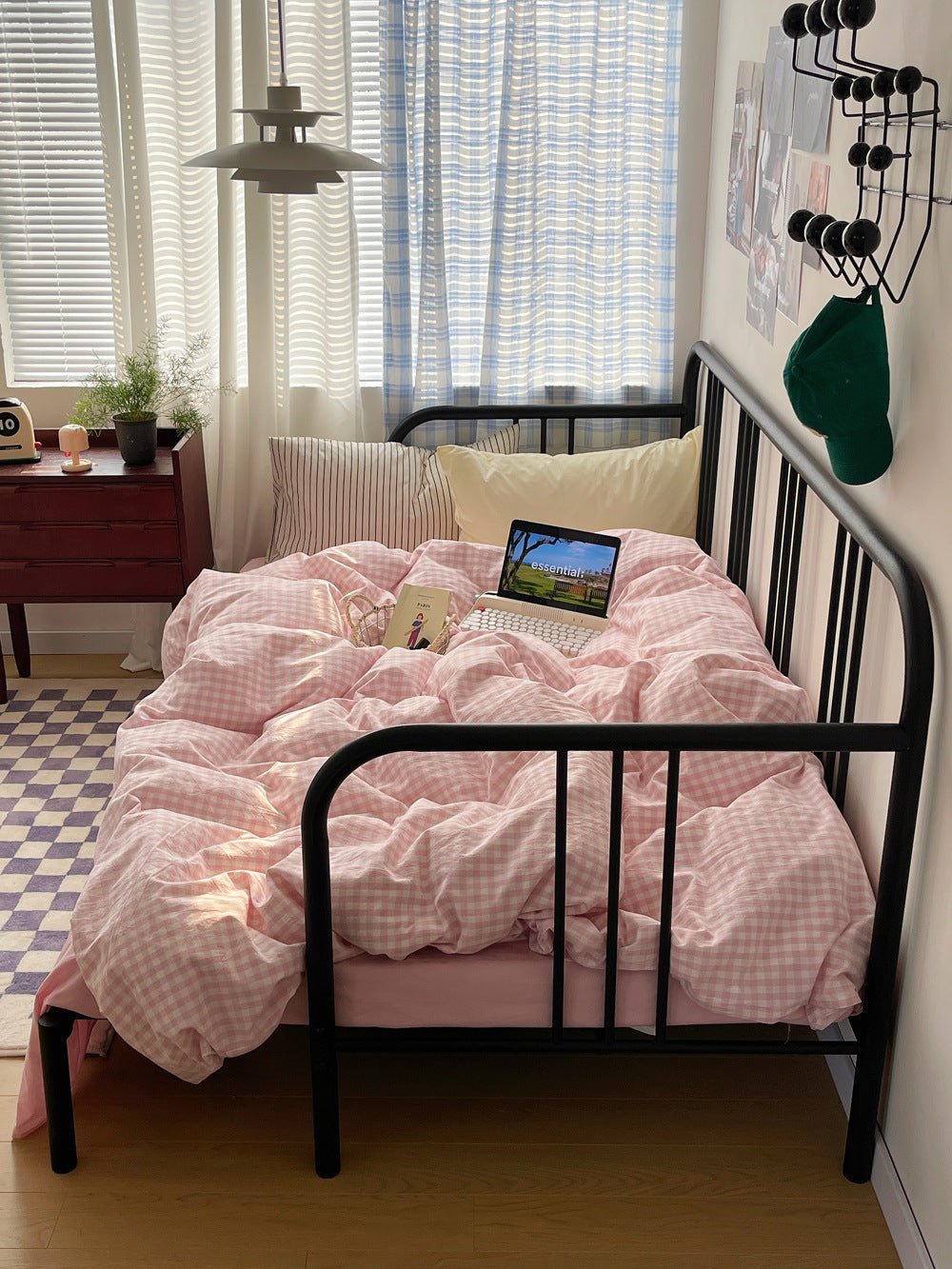 Mixed Gingham Striped Bedding Set / Mint Green