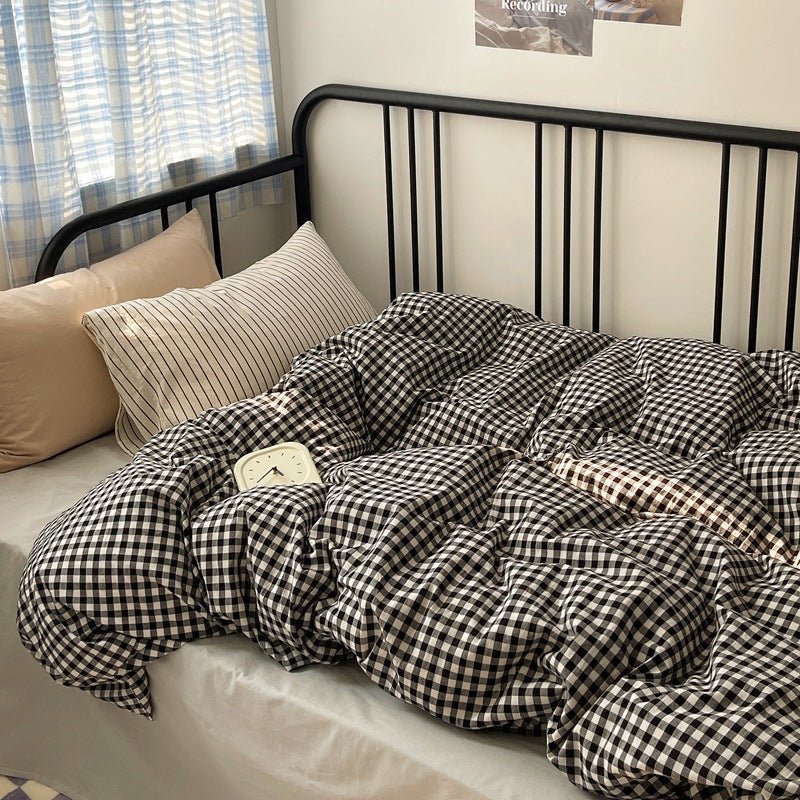 Mixed Gingham Striped Bedding Set / Purple Pink