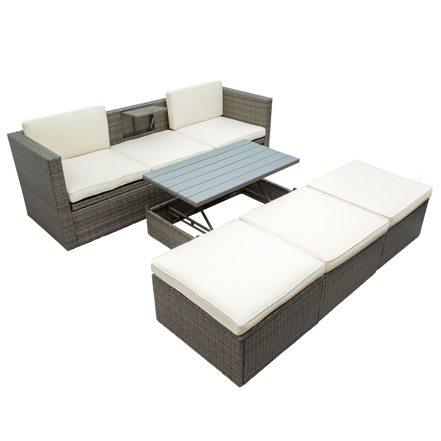 Patio Furniture Sets; 5-Piece Patio Wicker Sofa with Adustable Backrest; Cushions; Ottomans and Lift Top Coffee Table