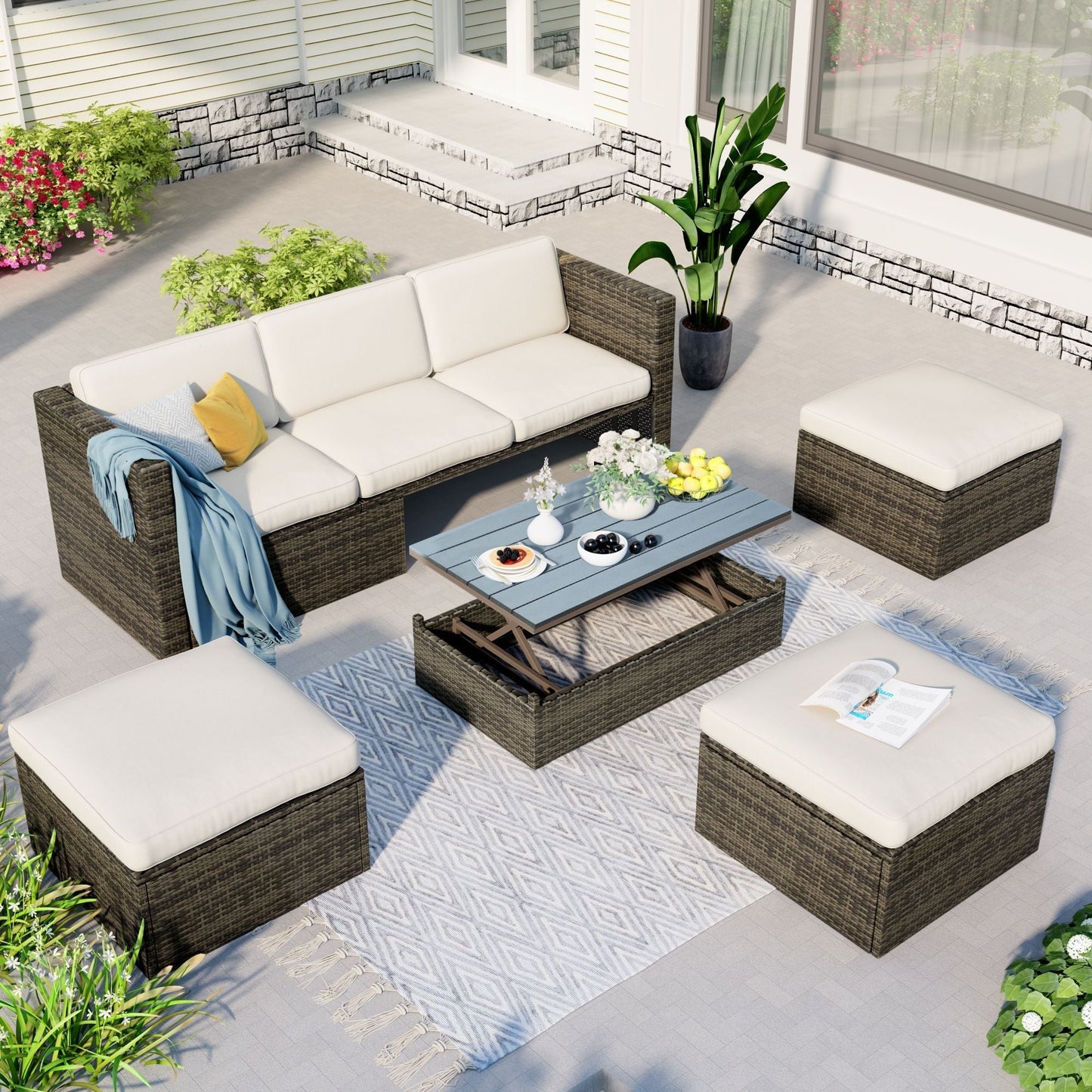 Patio Furniture Sets; 5-Piece Patio Wicker Sofa with Adustable Backrest; Cushions; Ottomans and Lift Top Coffee Table