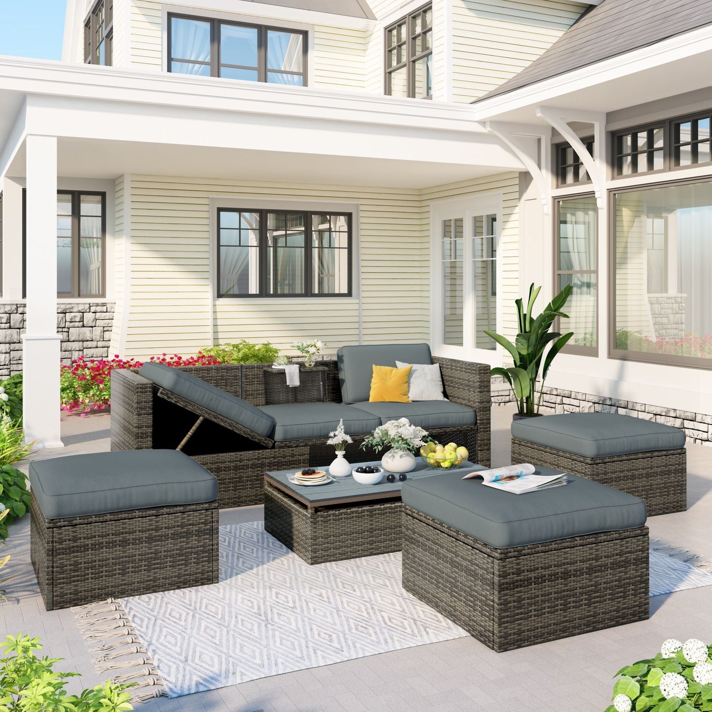 Patio Furniture Sets; 5-Piece Patio Wicker Sofa with Adustable Backrest; Cushions; Ottomans and Lift Top Coffee Table
