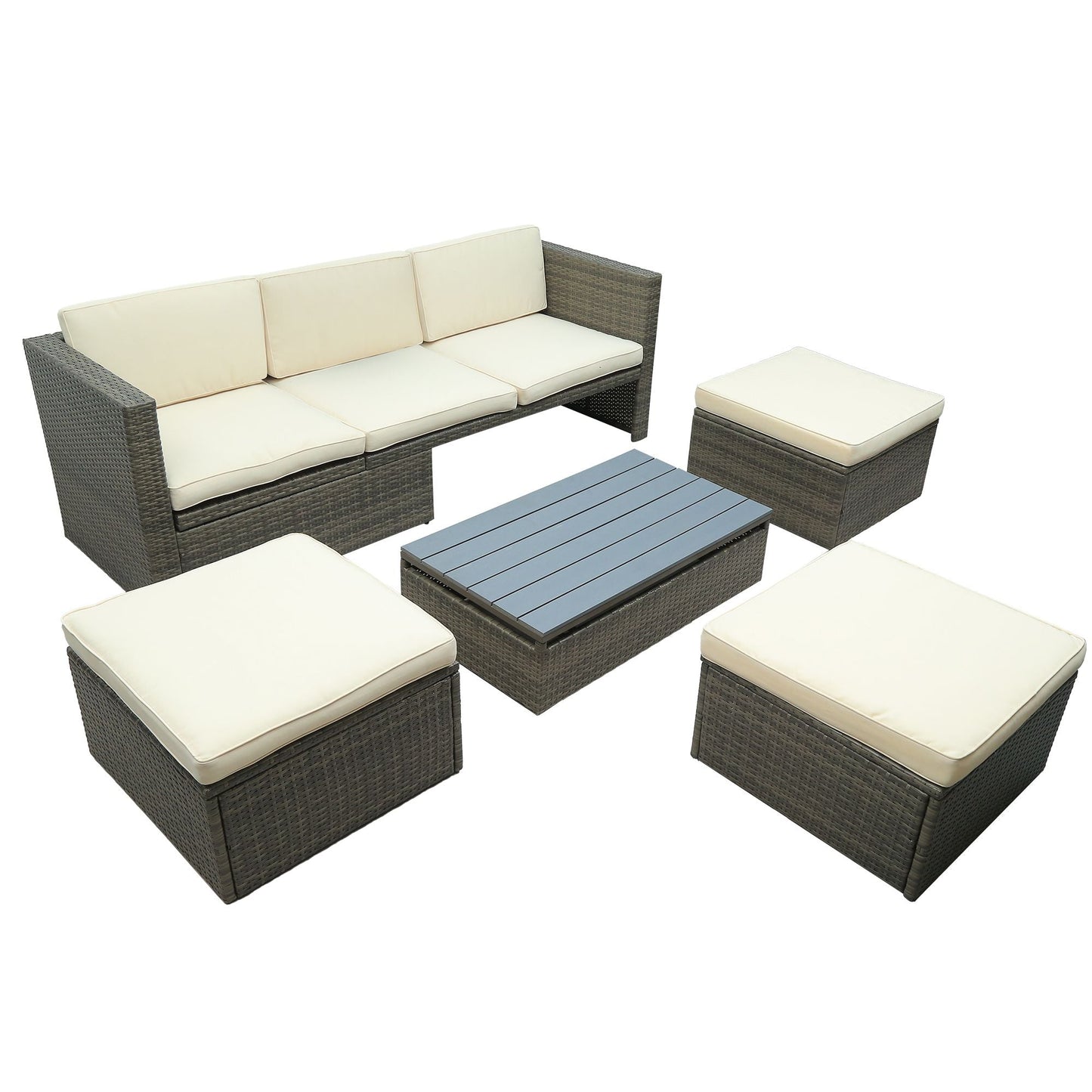 Patio Furniture Sets; 5-Piece Patio Wicker Sofa with Adustable Backrest; Cushions; Ottomans and Lift Top Coffee Table