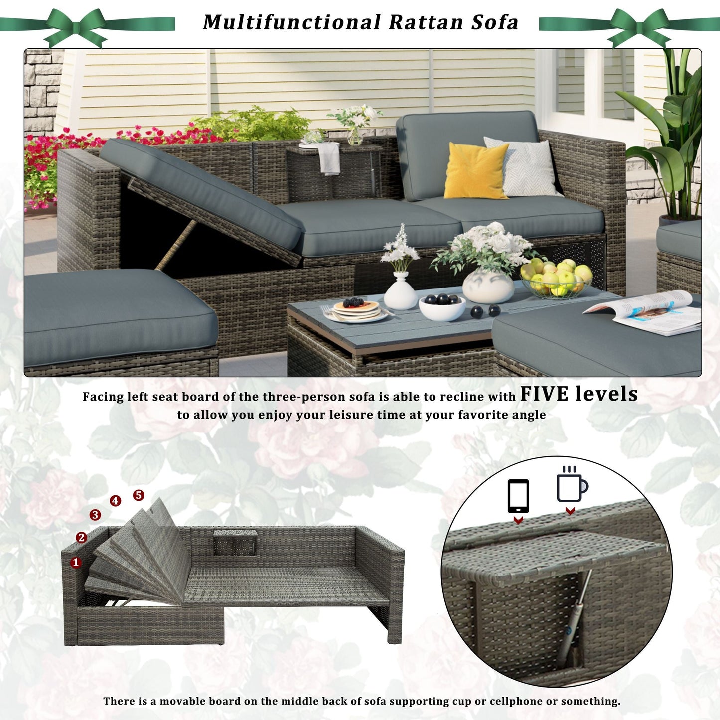 Patio Furniture Sets; 5-Piece Patio Wicker Sofa with Adustable Backrest; Cushions; Ottomans and Lift Top Coffee Table