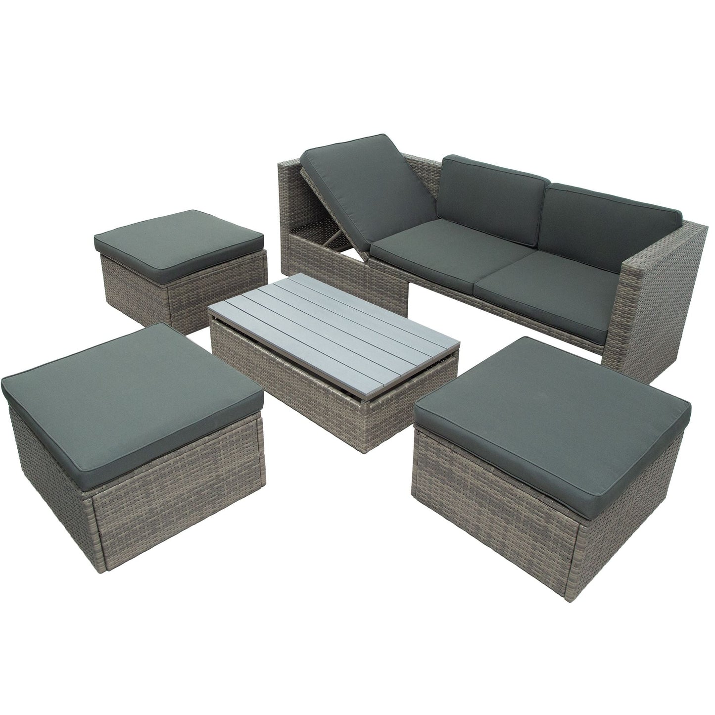 Patio Furniture Sets; 5-Piece Patio Wicker Sofa with Adustable Backrest; Cushions; Ottomans and Lift Top Coffee Table