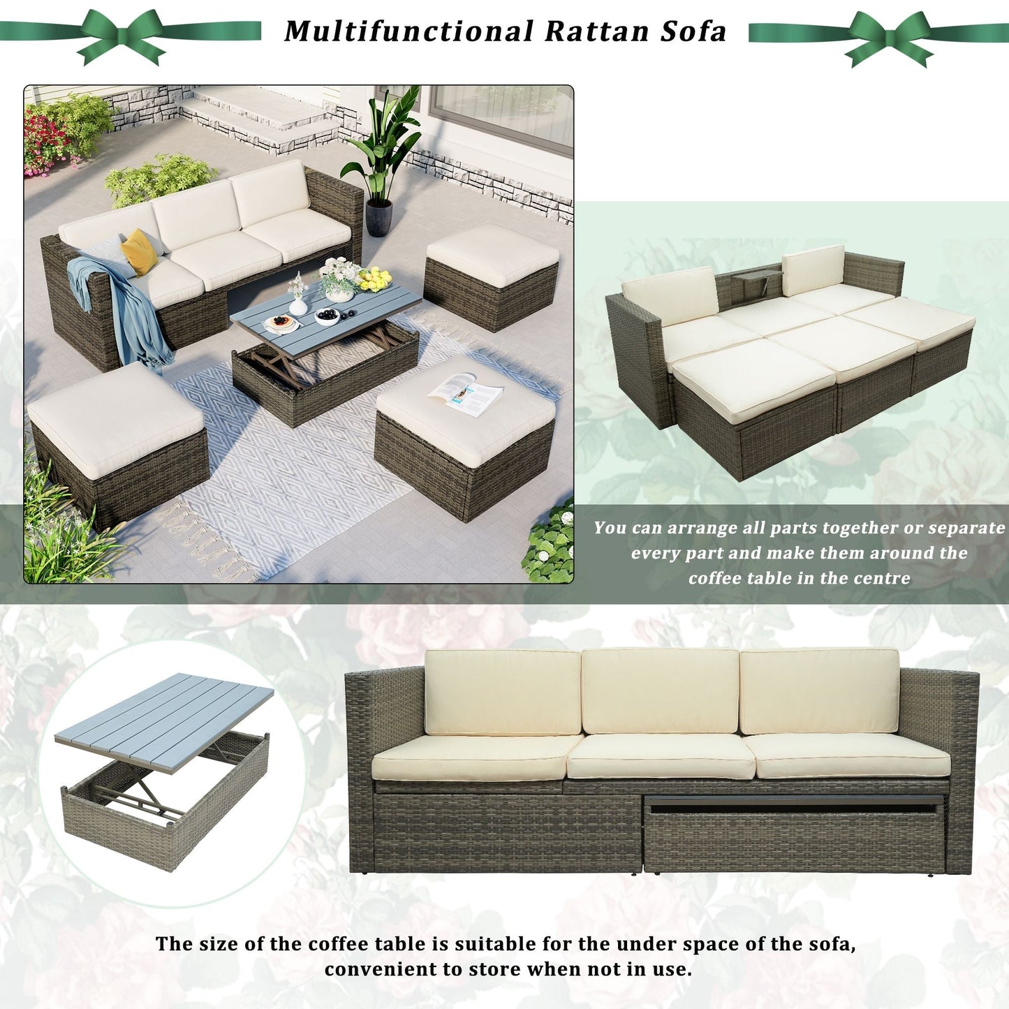 Patio Furniture Sets; 5-Piece Patio Wicker Sofa with Adustable Backrest; Cushions; Ottomans and Lift Top Coffee Table