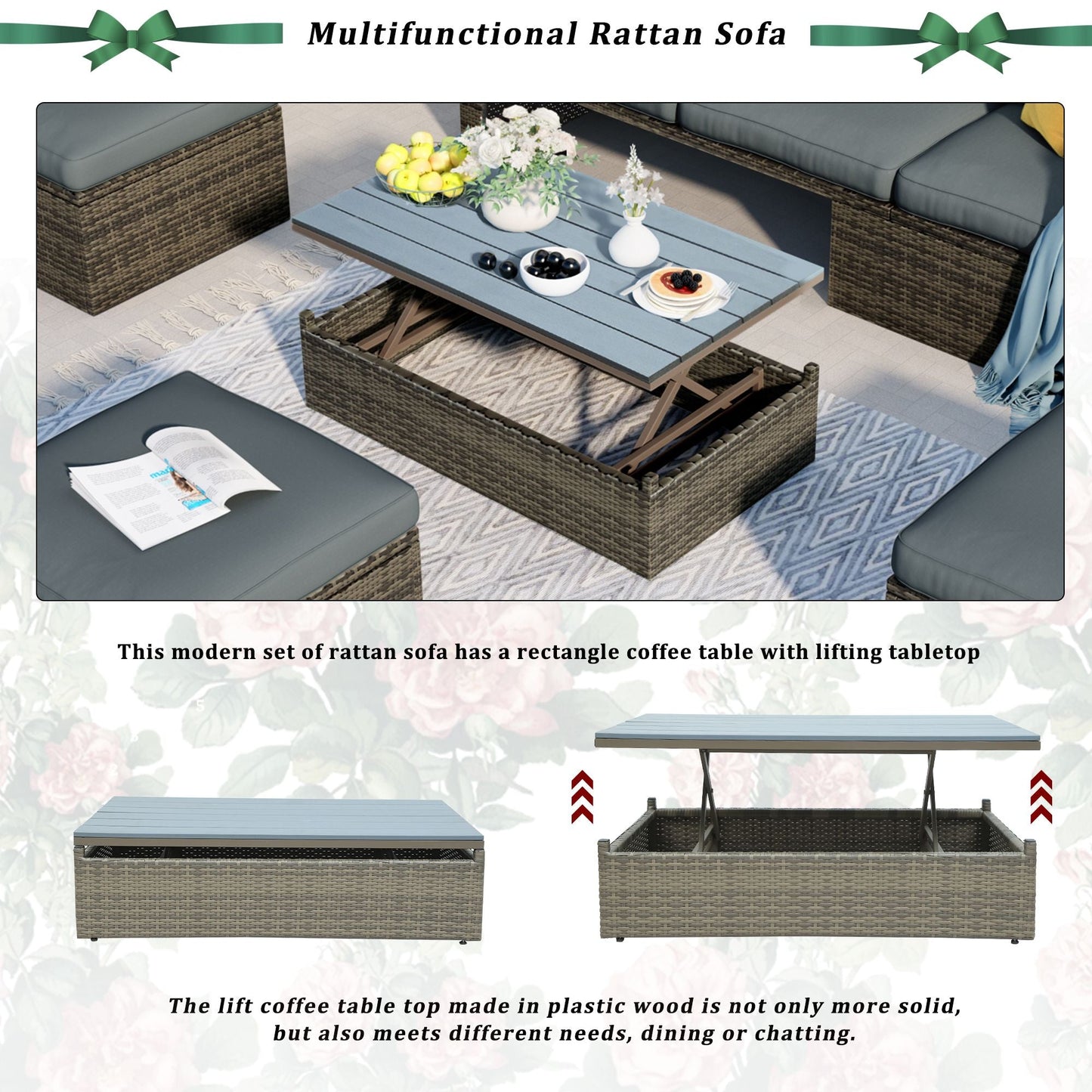 Patio Furniture Sets; 5-Piece Patio Wicker Sofa with Adustable Backrest; Cushions; Ottomans and Lift Top Coffee Table