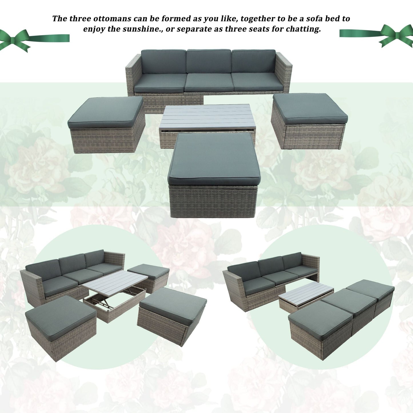 Patio Furniture Sets; 5-Piece Patio Wicker Sofa with Adustable Backrest; Cushions; Ottomans and Lift Top Coffee Table