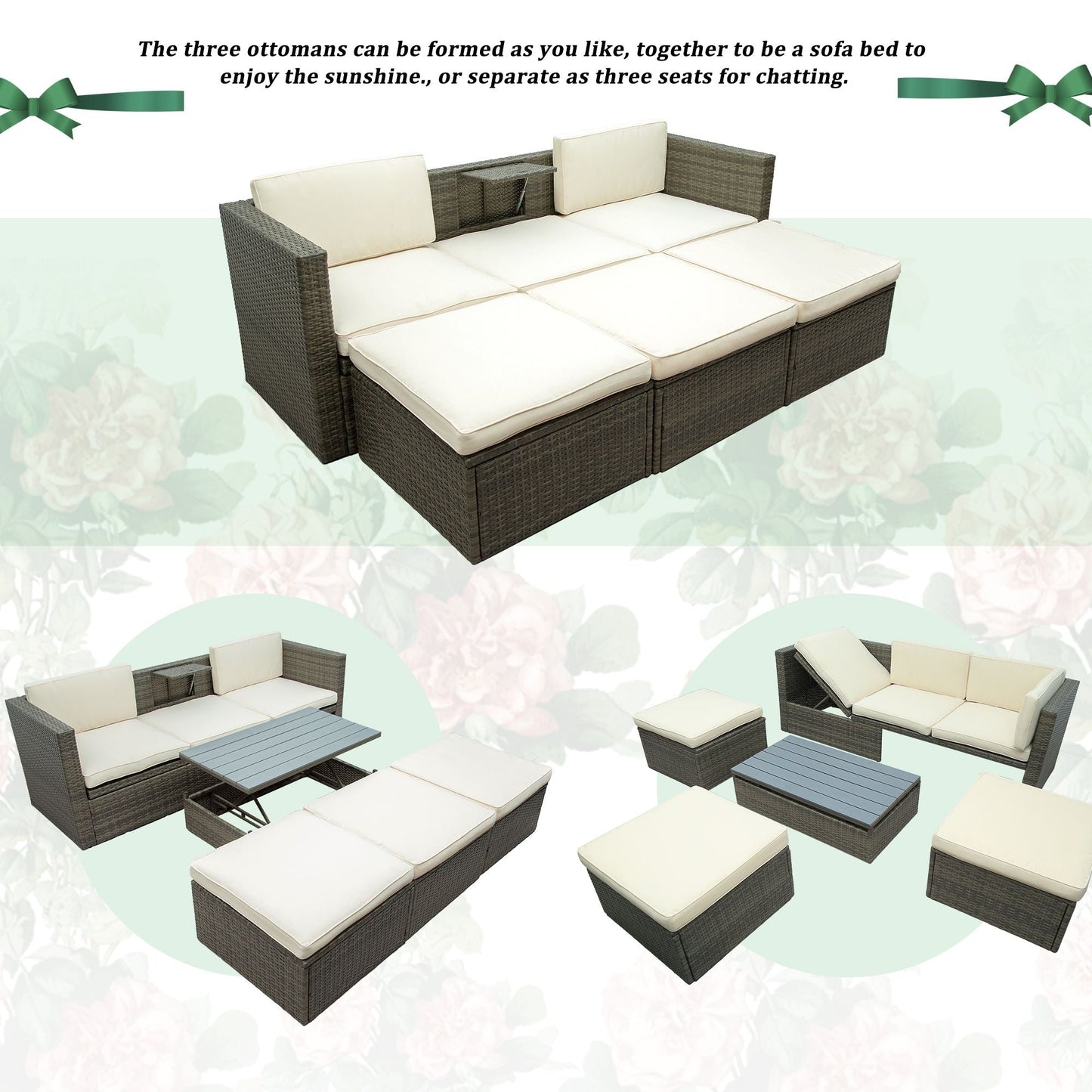 Patio Furniture Sets; 5-Piece Patio Wicker Sofa with Adustable Backrest; Cushions; Ottomans and Lift Top Coffee Table