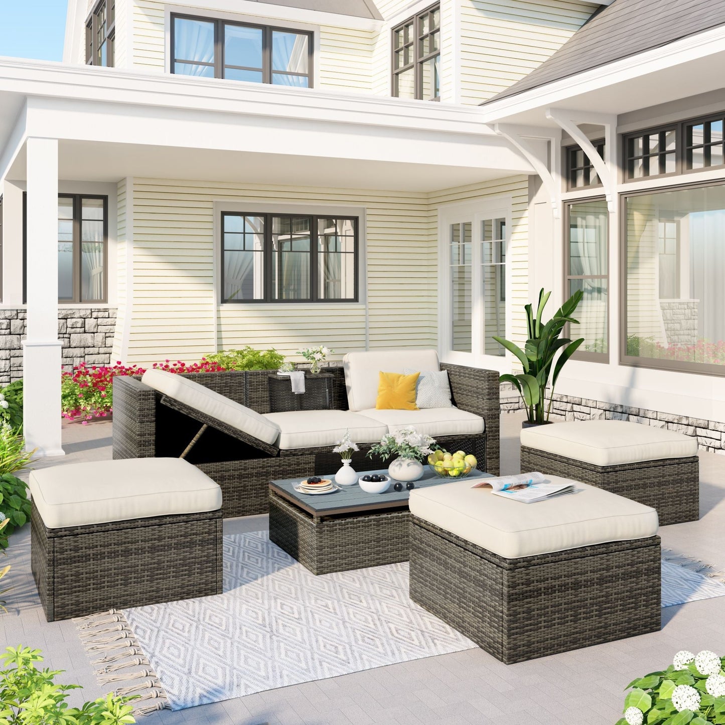 Patio Furniture Sets; 5-Piece Patio Wicker Sofa with Adustable Backrest; Cushions; Ottomans and Lift Top Coffee Table