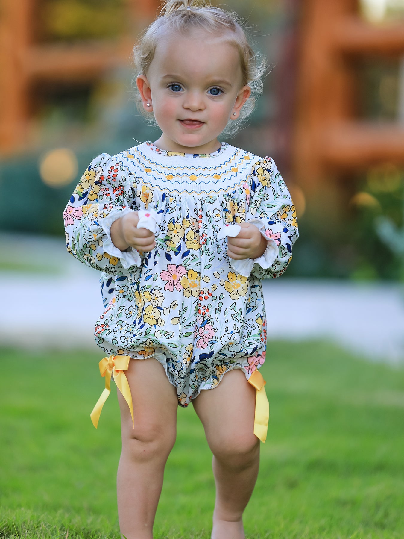 Fall Embroidery Smocking Bow Floral Leaf Baby Girls Romper