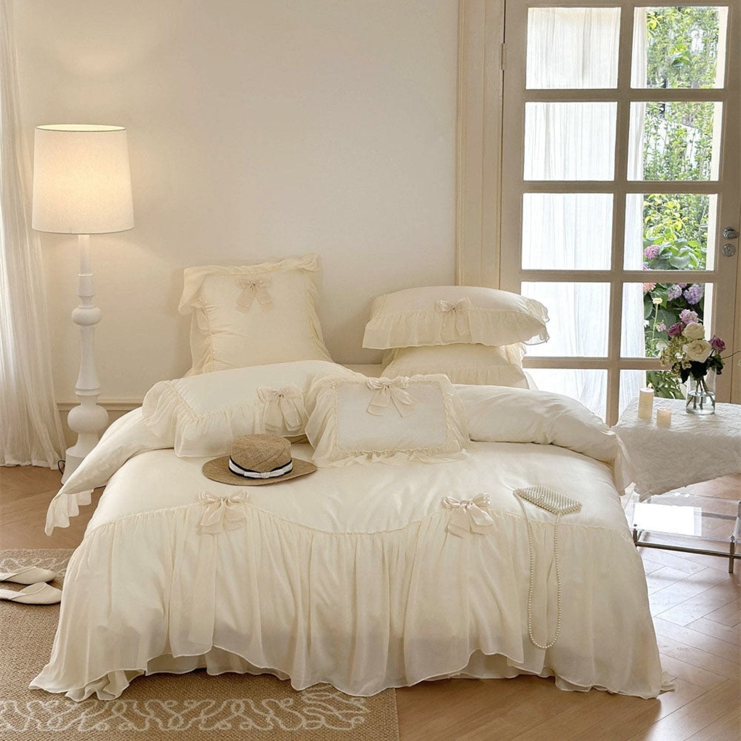 Ribbon Bow Airy Lace Bedding Set / Baby Pink