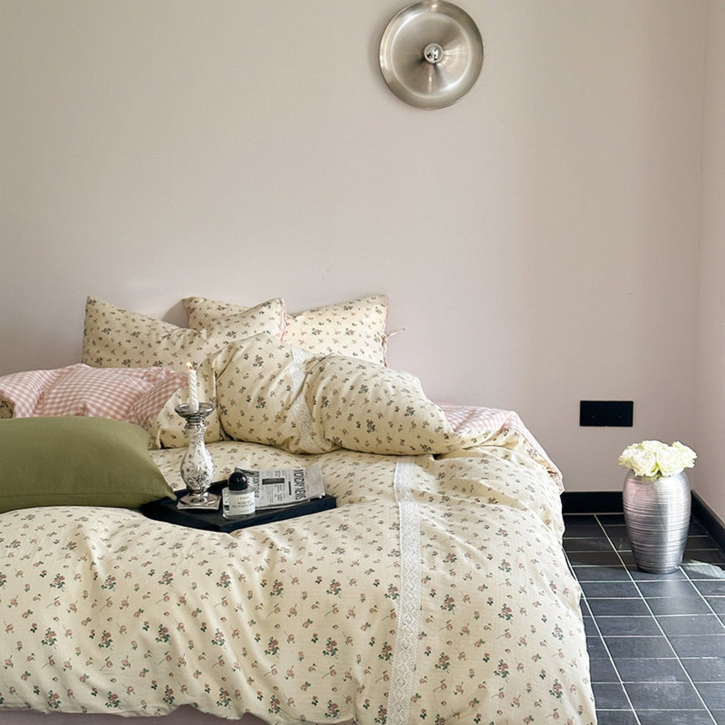 Rosalie Floral Lace Gingham Bedding Set / Pink