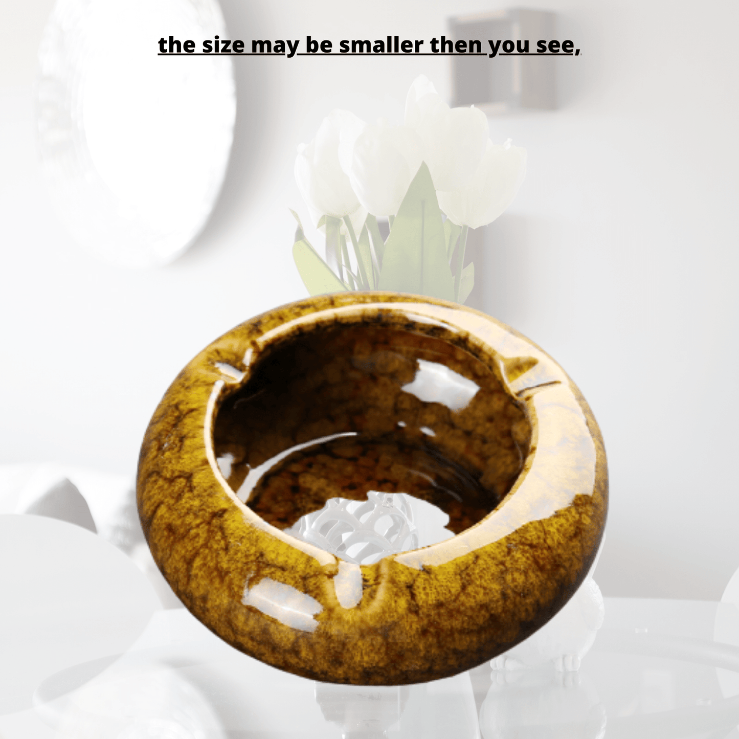 Round Glossy Ceramic Ashtrays + Flameless Lighter (BROWNISH)