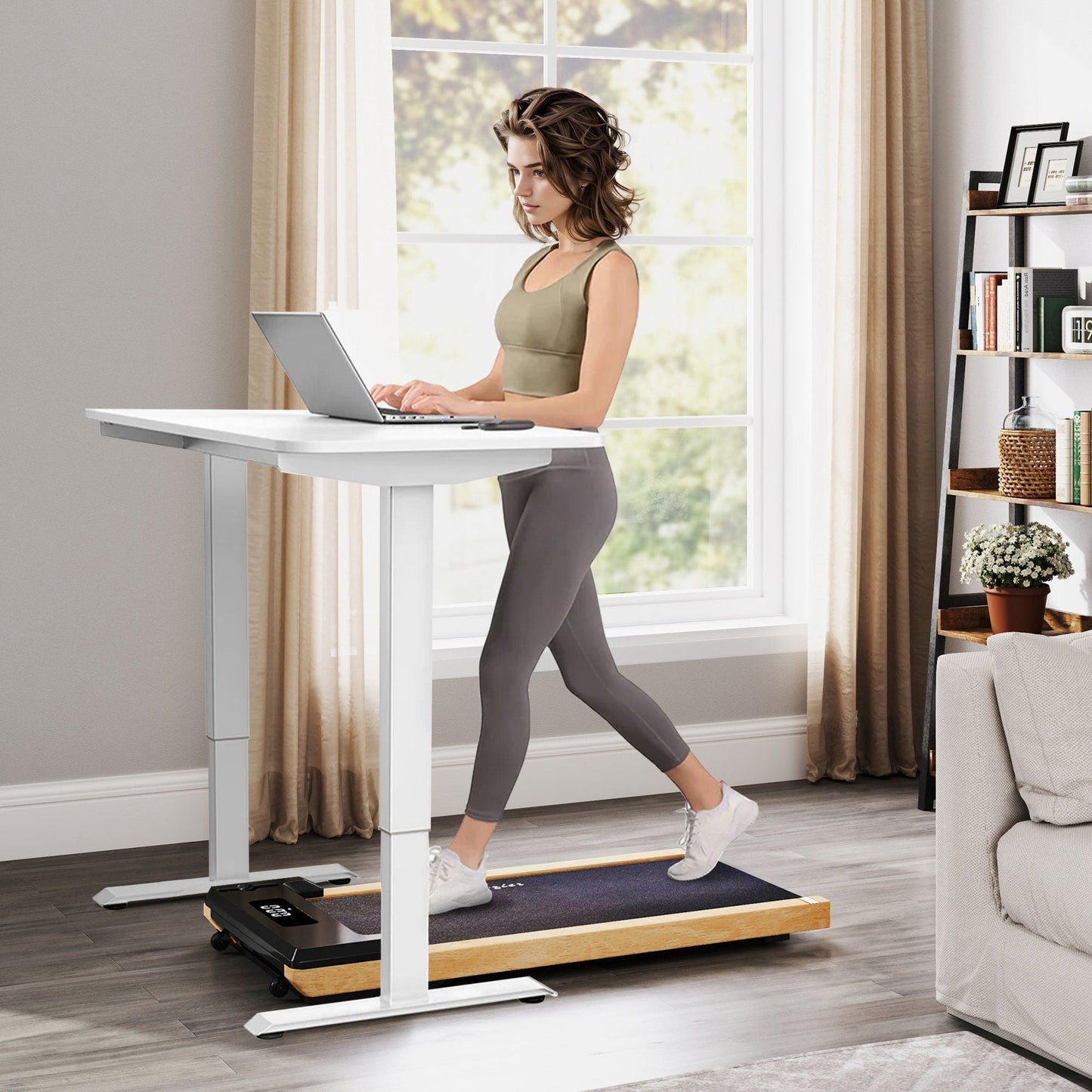 Soozier 2.5HP Walking Pad, Wood Under Desk Treadmill with Remote Control, Transport Wheels and LED Display for Home Gym Office