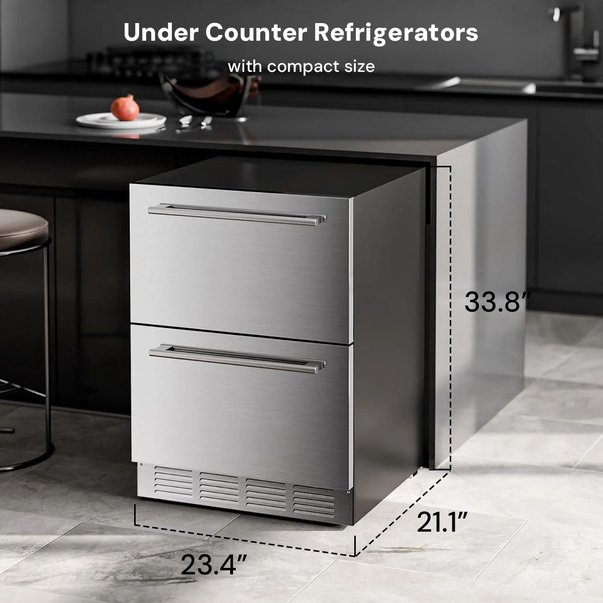 Kismile 24 Inch Built-In Double Drawer Refrigerator, 5.0 Cu.Ft Under Counter Beverage Fridge for Wine & Beer, Stainless Stee