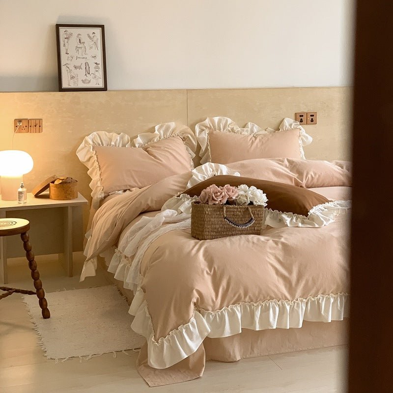 Vintage Earth Tone Large Ruffle Bedding Set / Pink