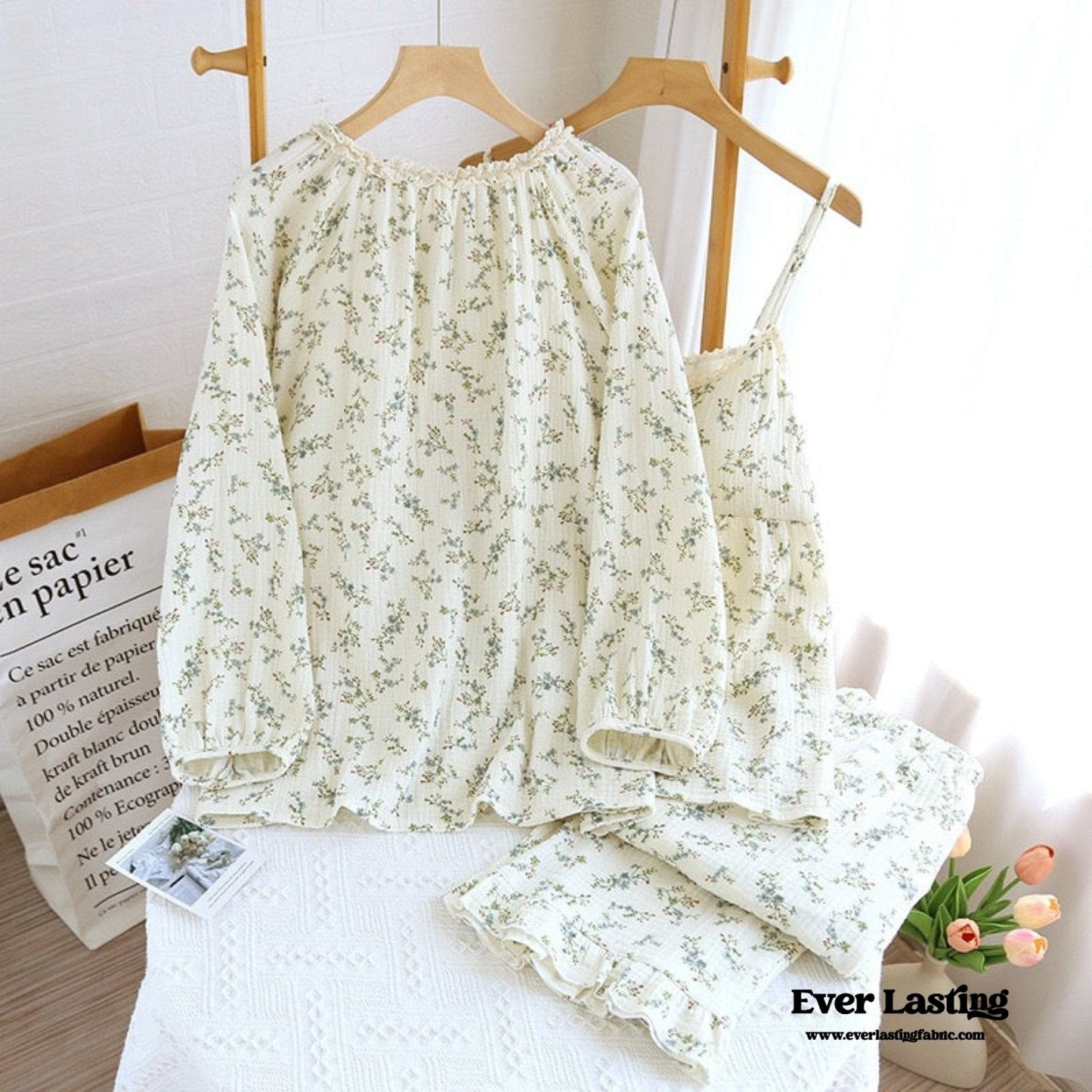 Vintage Floral Tank Cardigan and Long Pants Pajama Set / Yellow