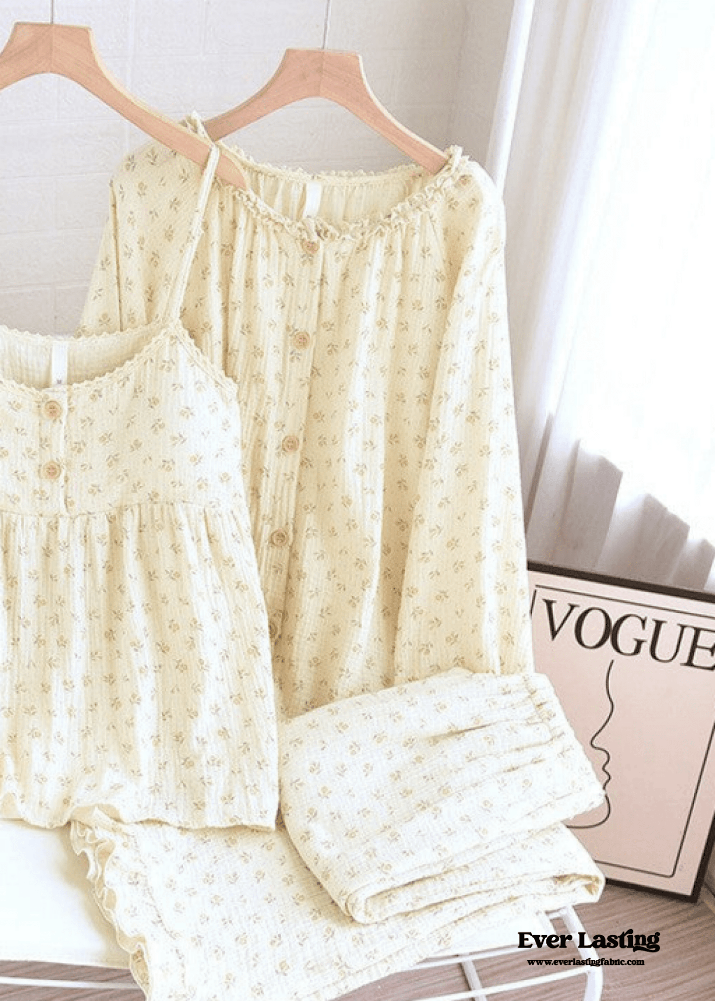Vintage Floral Tank Cardigan and Long Pants Pajama Set / Yellow