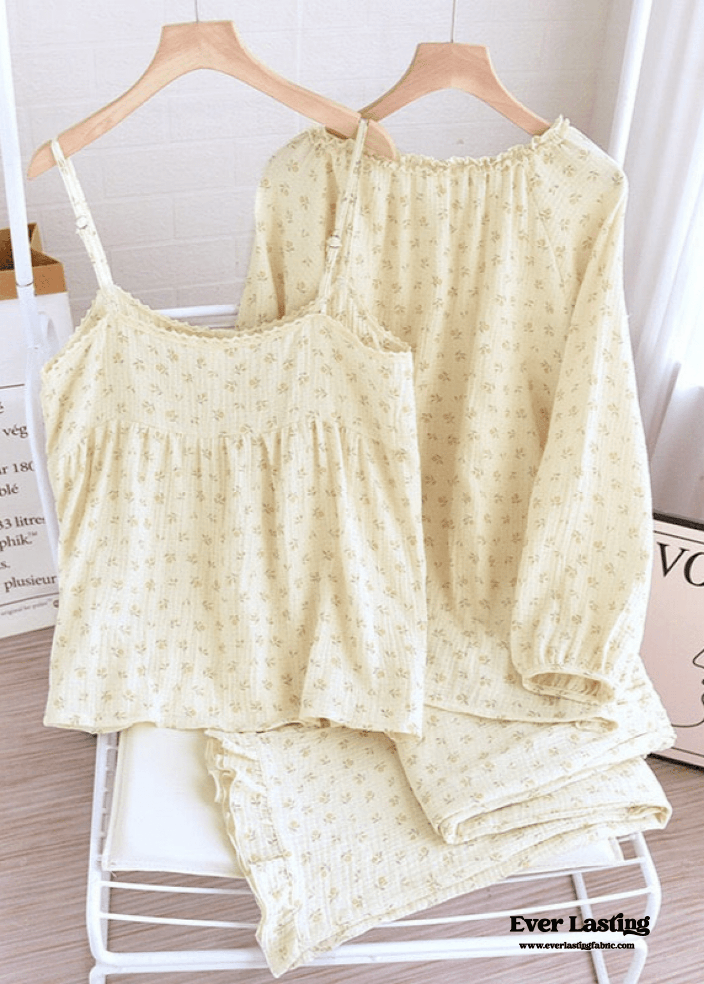 Vintage Floral Tank Cardigan and Long Pants Pajama Set / Yellow
