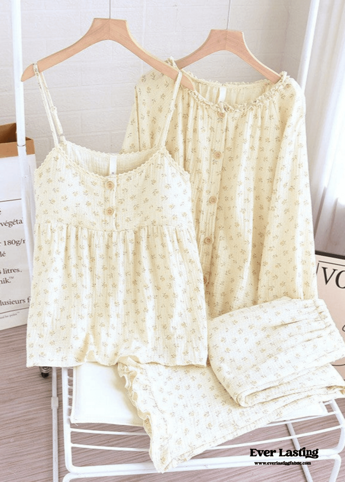 Vintage Floral Tank Cardigan and Long Pants Pajama Set / Yellow