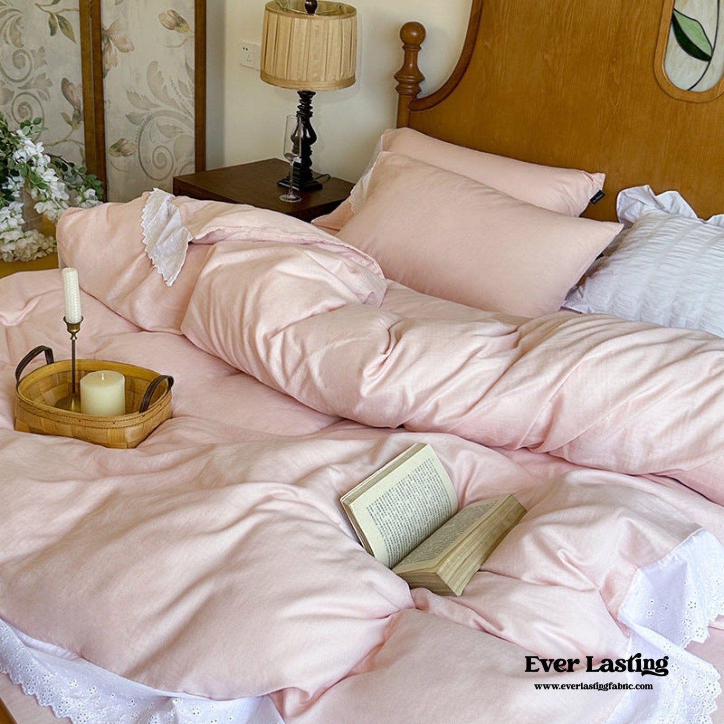 White Ruffle Lace Bedding Set / Yellow