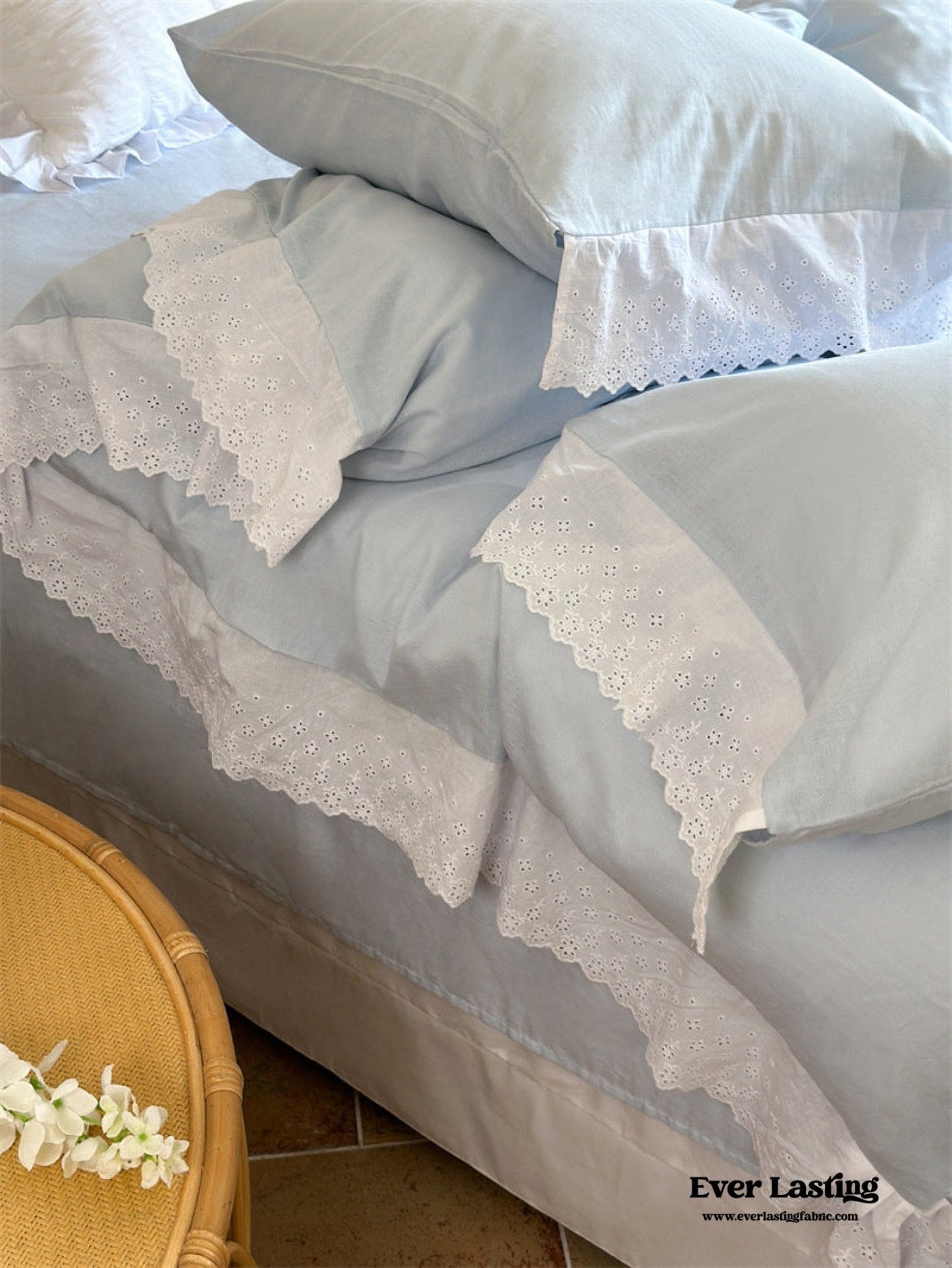 White Ruffle Lace Bedding Set / Yellow