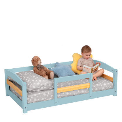 Crib Size Wooden Floor Bed Frame with Rails for Toddlers Age 1–3