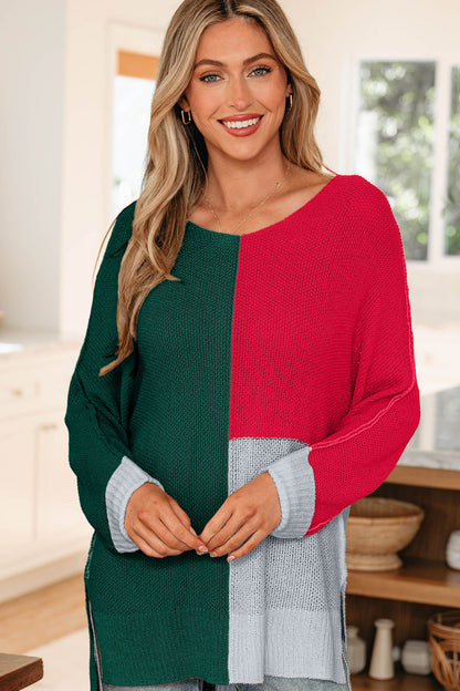 Color Block Knit V-Neck Loose Sweater