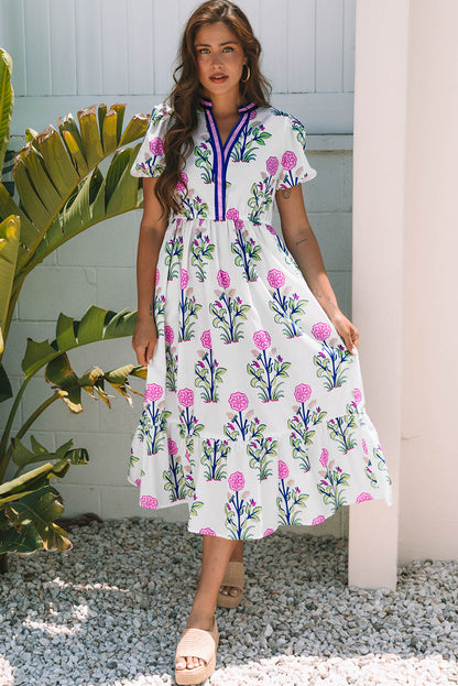 Luxury Floral Puff Short Sleeve V Neck High Waist Maxi Dress