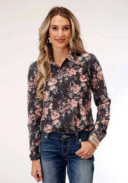 Roper 1751 Coral Floral (Grey) - Women's Western Blouse