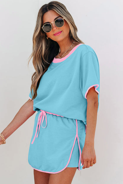 Luxury Colorblock Edge Drop Shoulder T Shirt and Skort 2Pcs Set