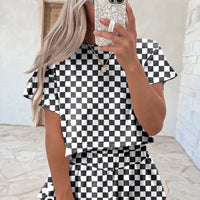 Luxury Checkerboard T Shirt and High Waist Skorts Set