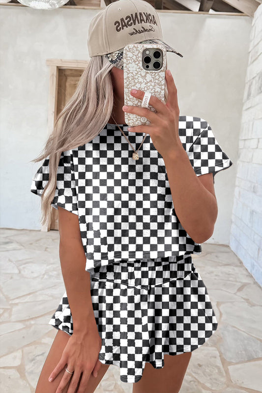 Luxury Checkerboard T Shirt and High Waist Skorts Set