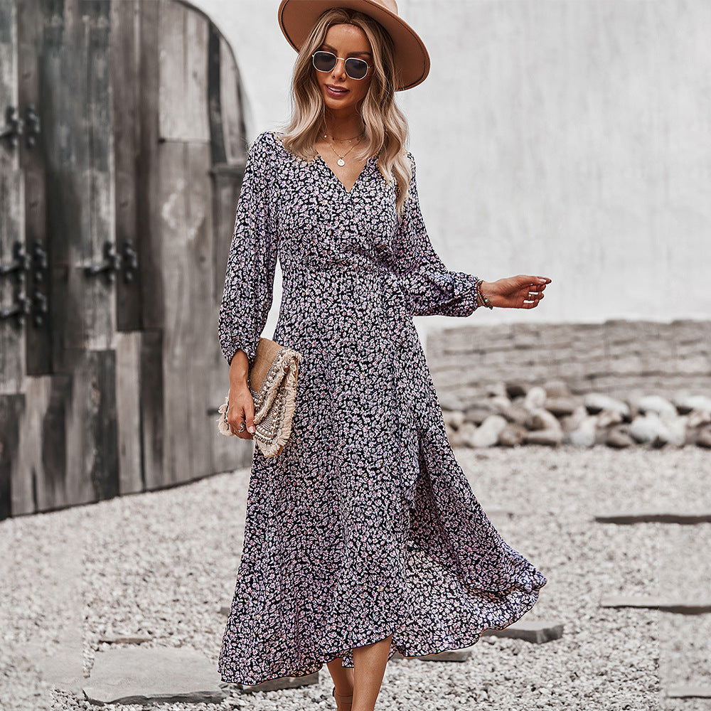 Autumn And Winter Floral Dress With Chest Wrap And Tie Large Swing Skirt Leisure Holiday Style
