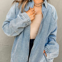 Myosotis Denim Jacket Zip Up With Elastic Hem Raglan Sleeves