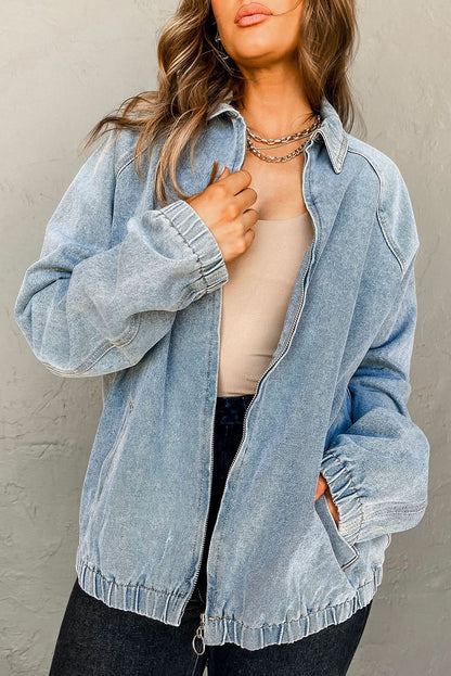 Myosotis Denim Jacket Zip Up With Elastic Hem Raglan Sleeves