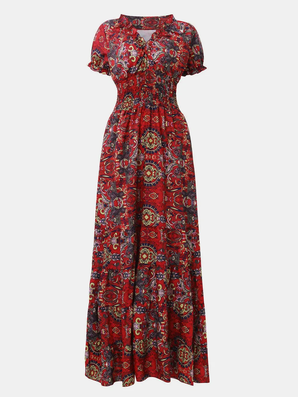 Full Size Smocked Printed V-Neck Dress for Effortless Style
