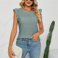 Smocked Round Neck Eyelet Top