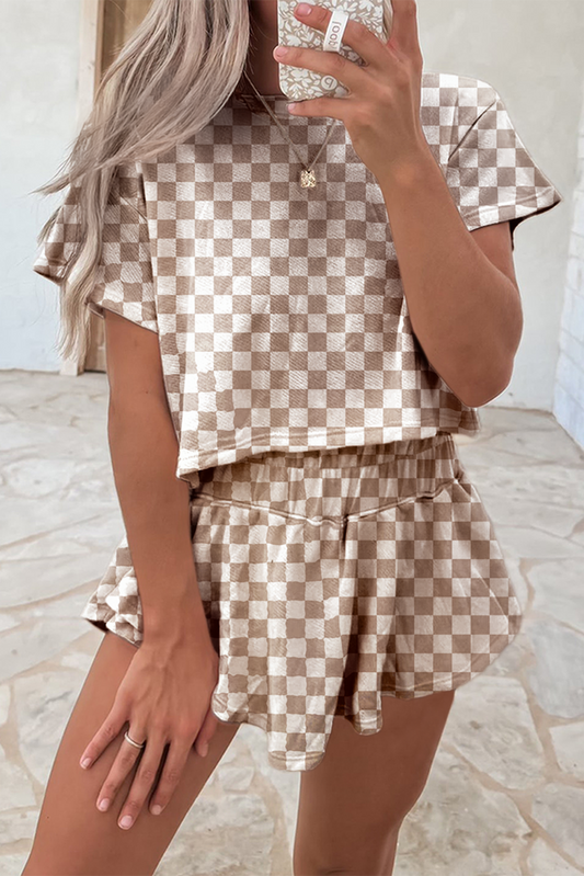 Luxury Checkerboard T Shirt and High Waist Skorts 2 Piece Outfit