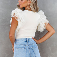 Luxury Dotty Mesh Ruffle Sleeve Ribbed Knit Top