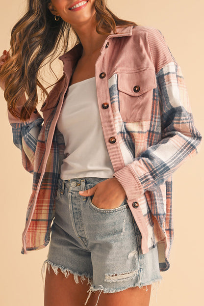 Cinnamon Plaid Corduroy Shacket with Patchwork Pockets for Effortless Style
